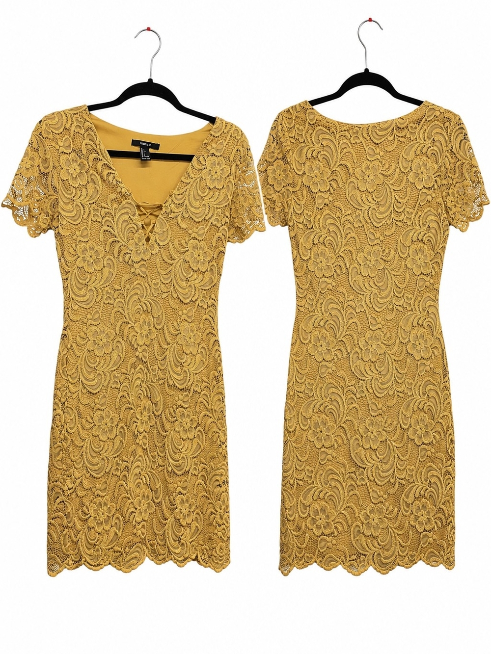 Forever 21 Mustard Lace V-Neck Short Sleeve Dress